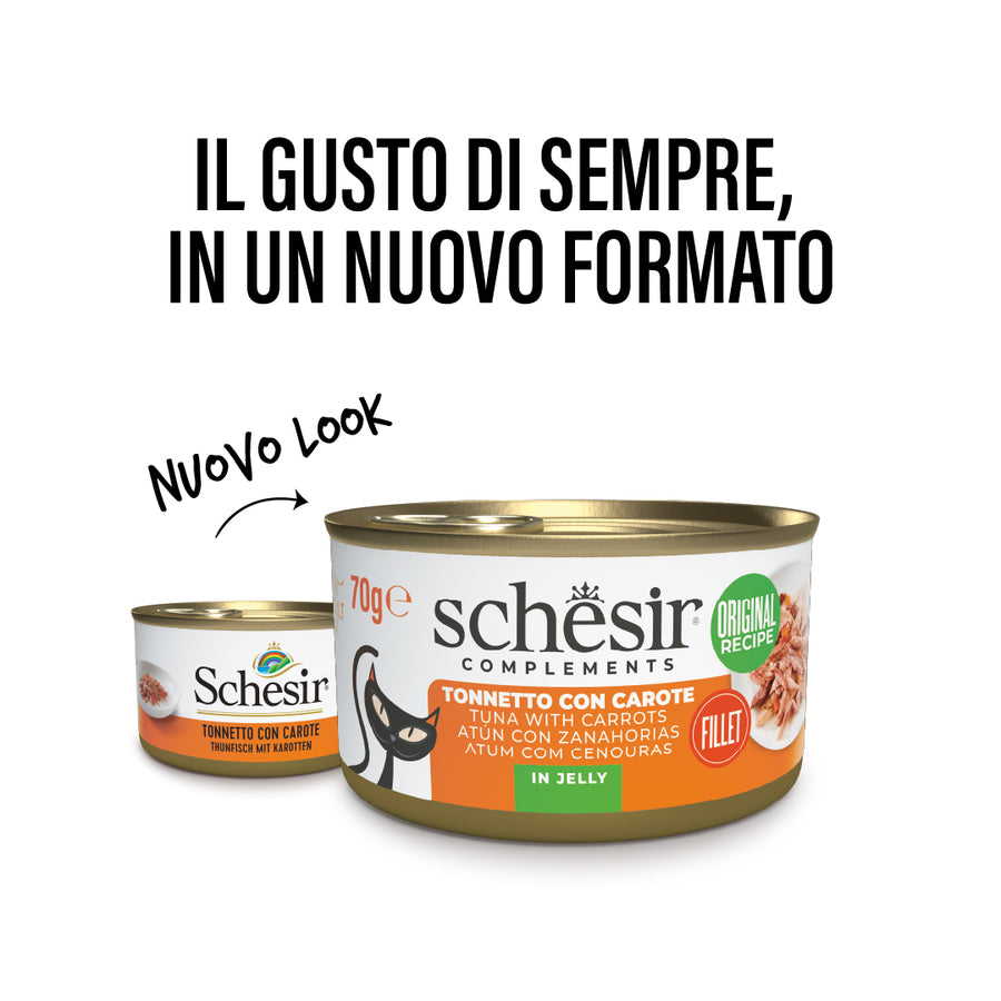 Schesir Gatto Tonnetto con Carote in Jelly 70g Lattina Schesir Gatto Tonnetto con Carote in Jelly 70g Lattina